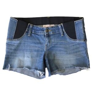 Isabel Maternity Midi Jean Shorts Size 2 Inset Panels Raw Frayed Hem Stretchy